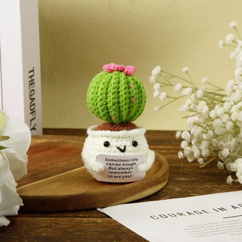 NQEUEPN Crochet Positive Cactus  Handmade Knitted Cactus Toy Cute Funny Potato Emotional Positive Life Doll Ornaments Gifts with Encouraging Card for Adults Kids Friends Room Office Desktop Decor - Image 4